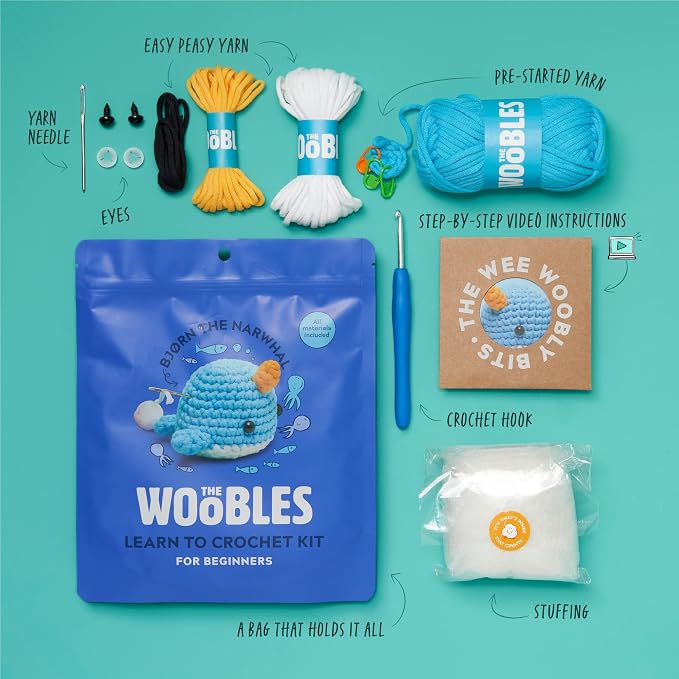 The Woobles Crochet Kit for Beginners (Bjørn the Narwhal) | As seen on Shark Tank, Kit includes: Easy Peasy Yarn, pre-started piece, hook, safety eyes, stuffing, video tutorials