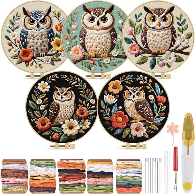 TINDTOP 5 Pack Embroidery Kit for Adult, Embroidery DIY Starter Kit, with Stamped Patterns, Hoop, Tools, Colorful Threads with Needles, Instructions | with Stamped Patterns, Hoop, Tools, Colorful Threads with Needles, Instructions