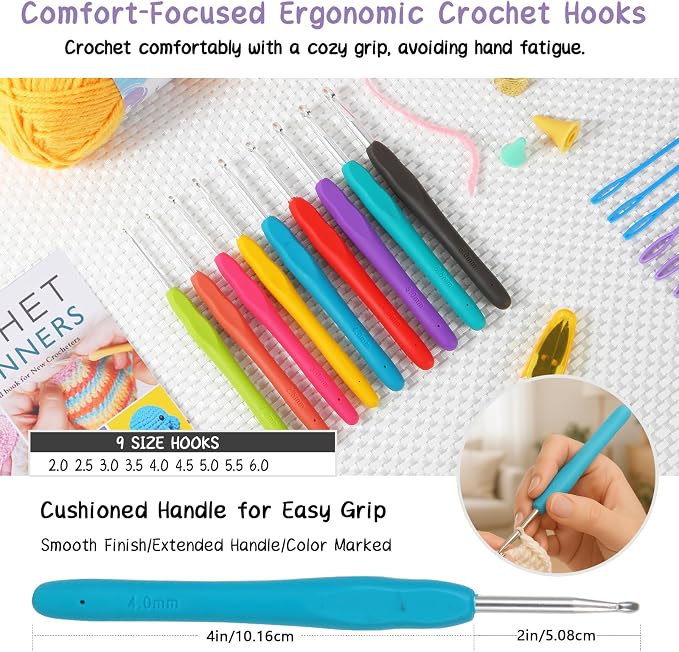 JC CRAFT Beginner Crochet Kit – 81 Piece Starter Set with 15 Colorful Yarns, Ergonomic Hooks, Complete Supplies, White Tote Bag, Accessories Case, Guide Book & Online Video Lessons