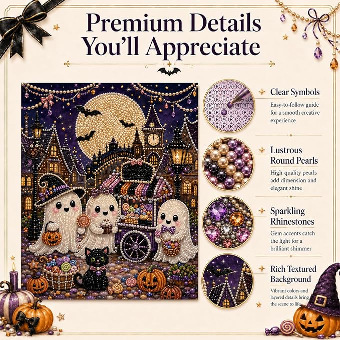 DIY Christmas Pearl Diamond Painting Kit, 5D Pearl Art Craft for Adults and Beginners, Christmas Church and Jesus Wall Decor, Holiday Gifts, 12 x 16 Inch (Halloween Design C)
