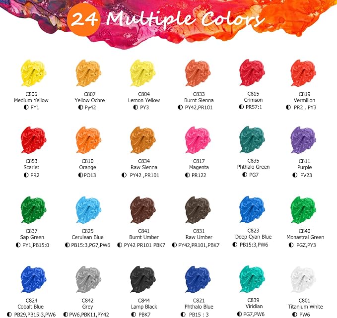 Caliart 24 Colors Acrylic Paint Set Large Bottles 4oz with 12 Brushes | Craft Painting kit for Adults Artists Beginners, Rich Pigment Non-toxic, Canvas Wood Rock Pumpkin Ceramic Art Supplies Paint