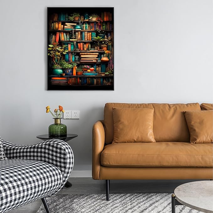 Yunruily Bookshelf Paint by Number Canvas for Adults-Bookshelf Paint by Numbers Adult,Book Oil Painting by Numbers for Adults and Home Wall Decor(with Gifts Box) 16x20inch