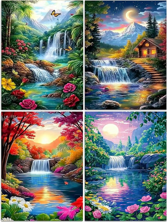 DOZEEZOP 4-Pack Diamond Art Kit for Adults, 5D Diamond Painting 12x16 Inch | Landscape pictures, Full Round Drills, Home Wall & Shelf Decor, Beginner-Friendly DIY Craft, Stress Relief, All-Occasion Gift