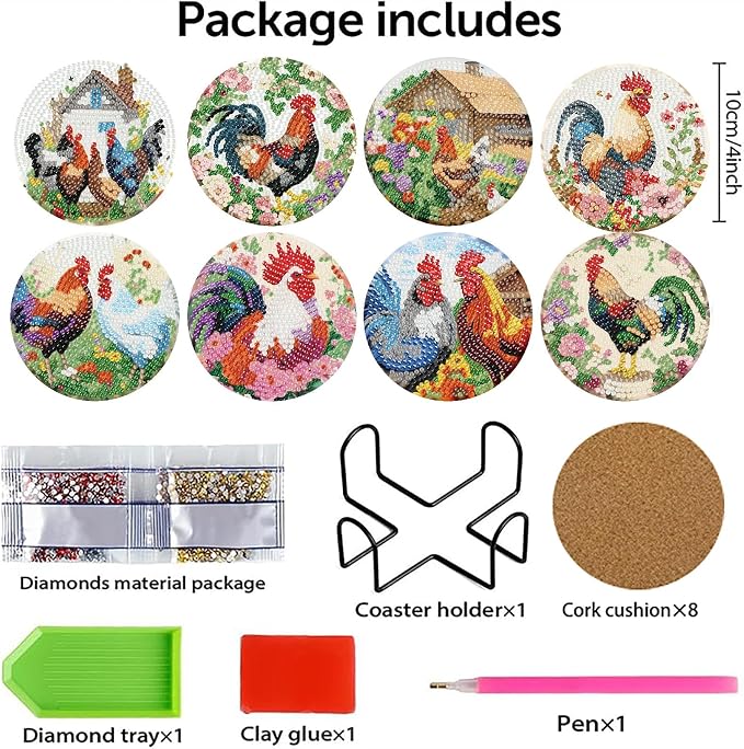 askkqtx 8 Pcs Chicken Diamond Art Coasters Kits with Holder 4X4 Inch