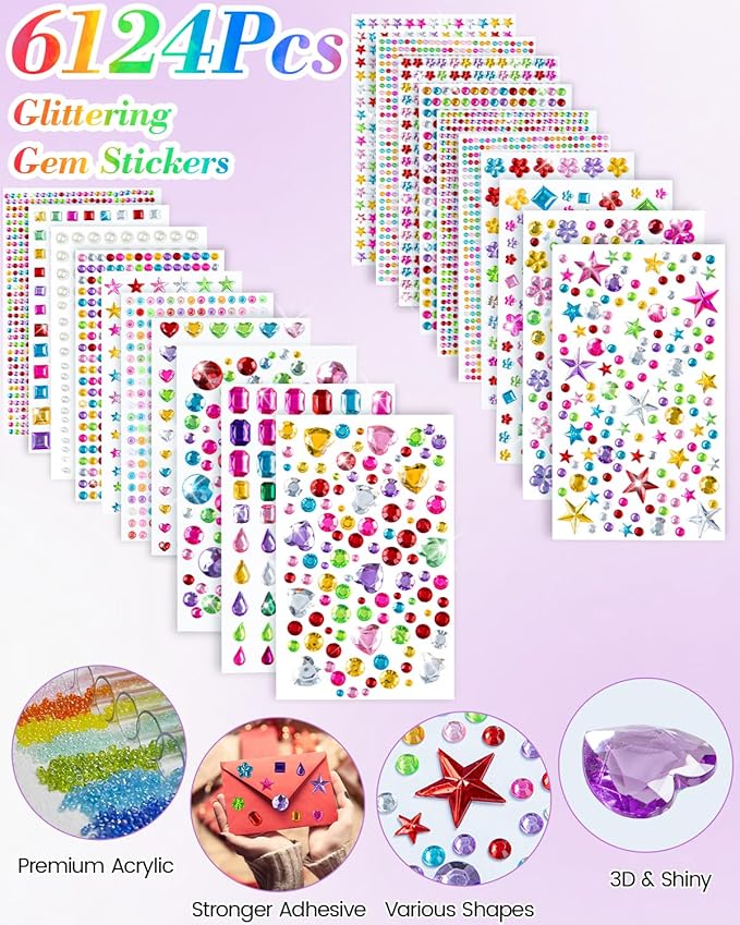 6124Pcs Gem Stickers-Self-Adhesive Face Jewelry Stickers, Acrylic Gems DIY Crafts, Sparkling Heart-Shaped Rhinestone for Kids, for Party & Holiday Supplies