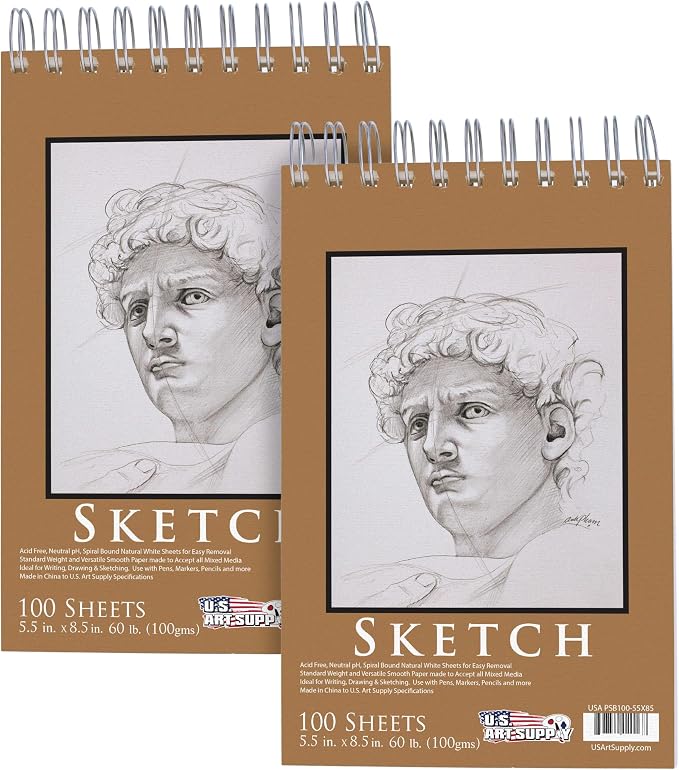 U.S. Art Supply 5.5"x8.5" Top Spiral Bound Sketch Book,100 Sheets 2-Pack | 60lb (100gsm), Acid-Free, Artist Sketchbook, Drawing Pad for Adults & Students