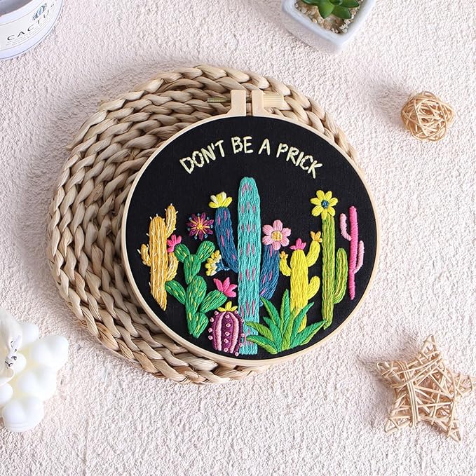 Louise Maelys Cactus Embroidery Kit for Beginners Plant Gift DIY Craft | Cross Stitch Kits for Adults Featuring Funny Cactus Artwork. Needlepoint Kit for Beginners to Enjoy Creative DIY Embroidery