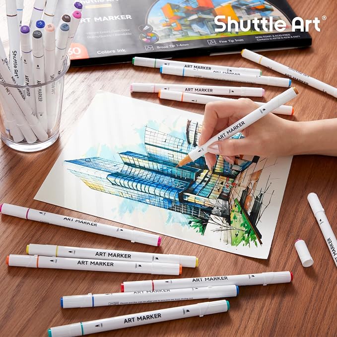 Shuttle Art 30 Colors Dual Tip Art Markers Permanent Marker Pens Highlighters Perfect for Illustration Adult Coloring Sketching and Card Making