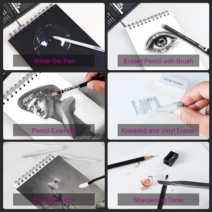 HIFORNY 58 PCS Drawing Kit Sketching Pencil Set,Sketch Pencils Art Supplies with 3-Color Sketchbook,Graphite,Charcoal,Blending Tools,Drawing Pencils for Adults Artists