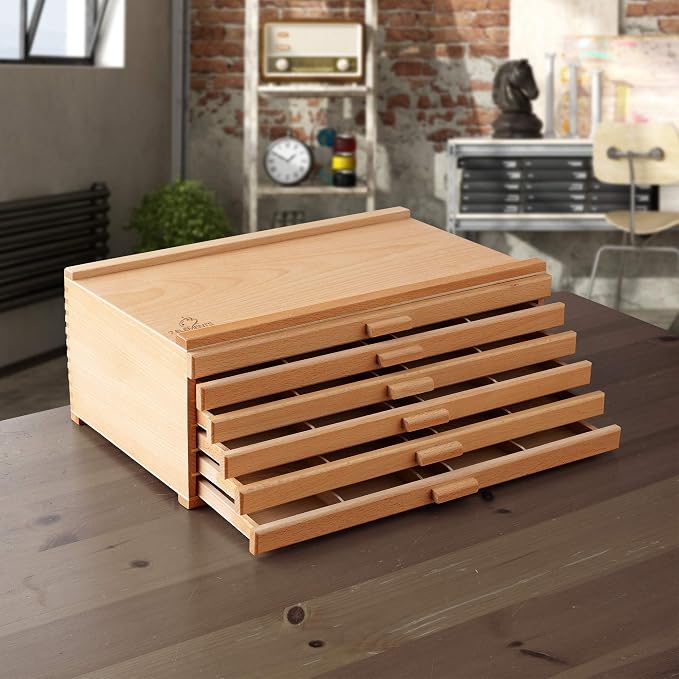 7 Elements 10 Drawer Wooden Artist Storage Supply Box for Pastels, Pencils, Pens, Markers, Brushes and Tools