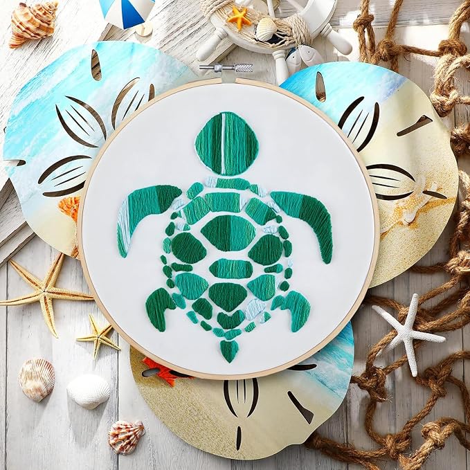Sea Turtle Embroidery Kits for Beginners Adults, Hand DIY Embroidery Starter Kit, Stamped Cross Stitch Kits for Beginners Adult Craft Kits for Women, Entire Set of Embroidery Supplies & Video Tutorial