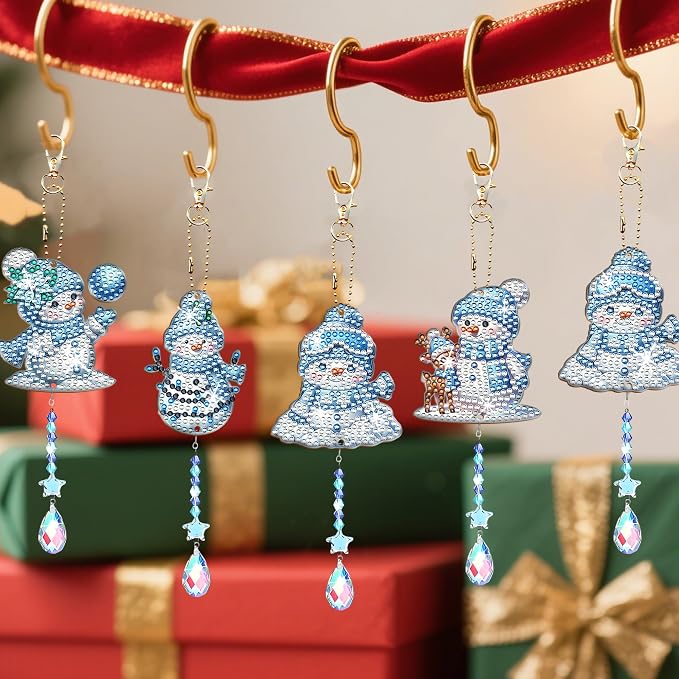 JeCuiK 6 Pcs Christmas Diamond Art Cute Snowman Diamond Art Kits for Adults Diamond Painting Wind Chimes Suncatcher Double Sided DIY Diamond Painting Kits Christmas Ornament