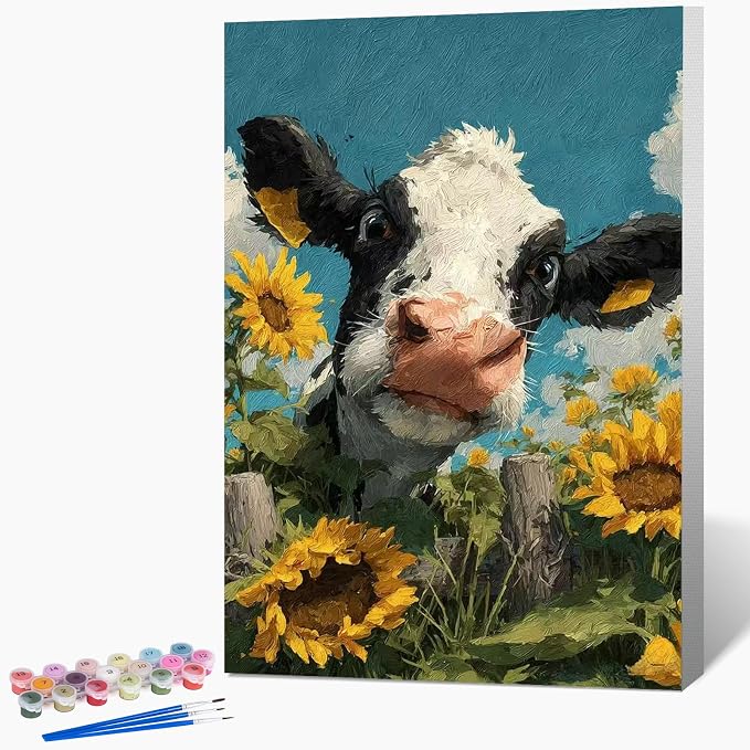 Framed Paint by Numbers Kit for Adults Beginner & Kids Ages 8-12, Funny Animal Cow Adult Paint by Number Kits on Canvas with Frame, DIY Number Painting for Adults for Home Wall Decor Gift 8 x 12 Inch