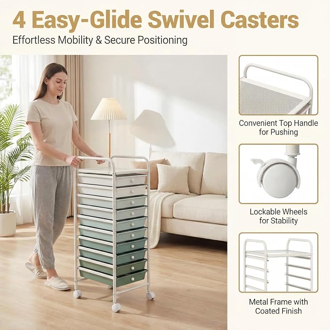 COSTWAY 10-Drawer Rolling Storage Cart, Utility Mobile Trolley