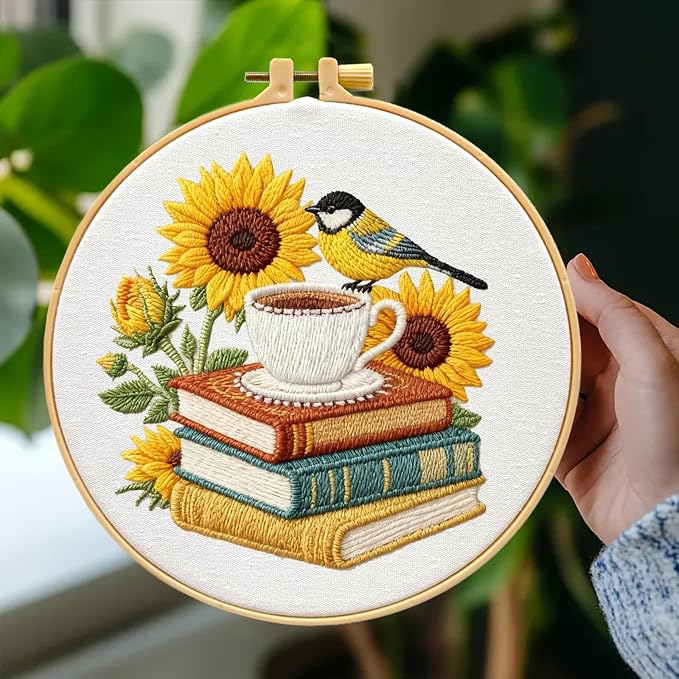 Zhenqing Book Lover Embroidery Kit for Beginners, Sunflower Bird & Coffee Books Needlework Craft with Pre-Printed Cotton Fabric, Hoop, Threads & Tools, Reading Nook Decor (C0112)