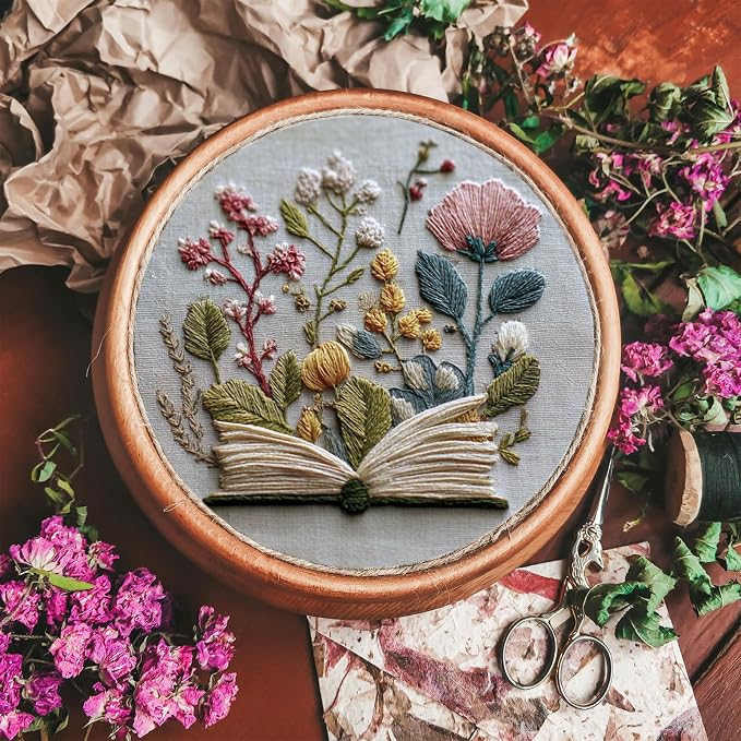 FONNUY Embroidery Kit for Beginners, Flower Book Pre-Stamped Pattern Kits for Adults with Hoop, Cross Stitch Easy to Follow Color Thread Needlework, 8'' Hoop (Green)