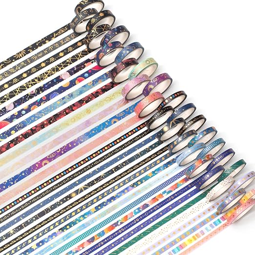 Skinny Galaxy Washi Tape Set 30 Rolls Gold Foil Decorative Starry Space Masking Tapes for Arts, DIY Crafts, Journals, Planners, Scrapbook, Wrapping