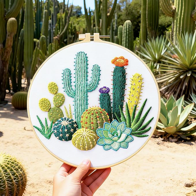 BEUNITONE Cactus Embroidery Kit for Beginners, 6PC Succulent Plant Themed Needlepoint Kits for Adults with Hoops, Threads, Needles, Instructions and Full Kits, DIY Home Decor Craft Gift for Adults