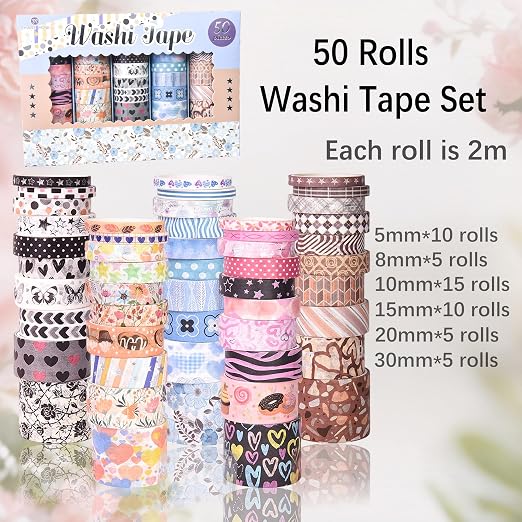 50 Rolls Washi Tape Set, Assorted Sizes, for Junk Journal Scrapbook, Bullet Journaling Scrapbooking Supplies, Planner Sticker DIY Craft Decor (Dawn and Dusk)