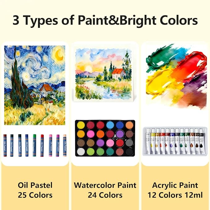 TAVOLOZZA 126 Piece Acrylic Painting Kit with Floor Easel, Oil Arcylic and Watercolor Paint Set, Great Gift for Beginner, Student, Adults and Artists