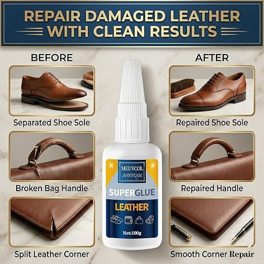 Meuvcol Leather Glue 100g, Fast-Setting Leather Repair Adhesive for Purses, Shoes, Car Seats, Suede & Upholstery, Clear-Drying Strong Bond for Leather, Includes 6 Precision Tips