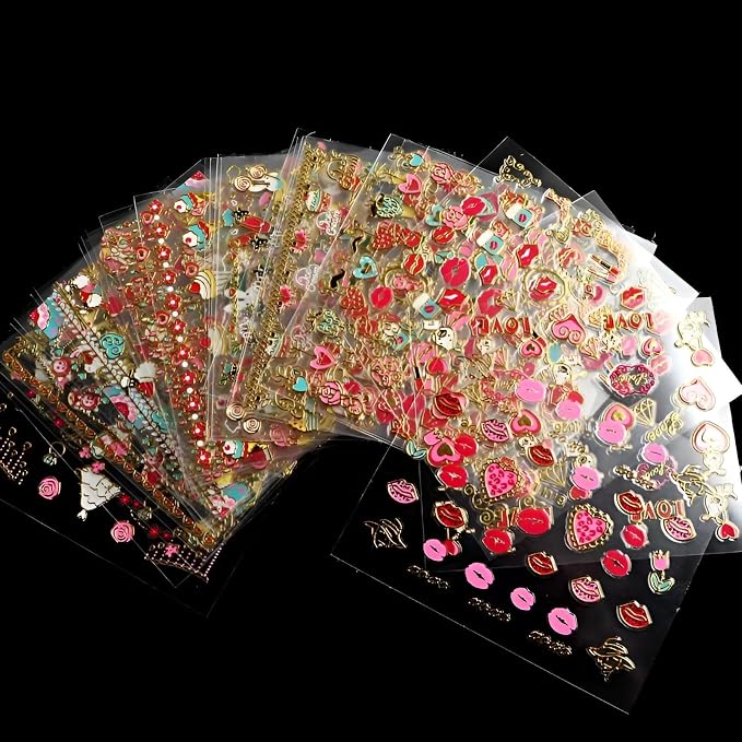 30 Sheets Valentine's Day Nail Art Stickers Red Heart Nail Decals 3D Self-Adhesive Rose Lip Kiss Nail Supplies DIY Acrylic Nails Decoration Accessories for Women and Girls
