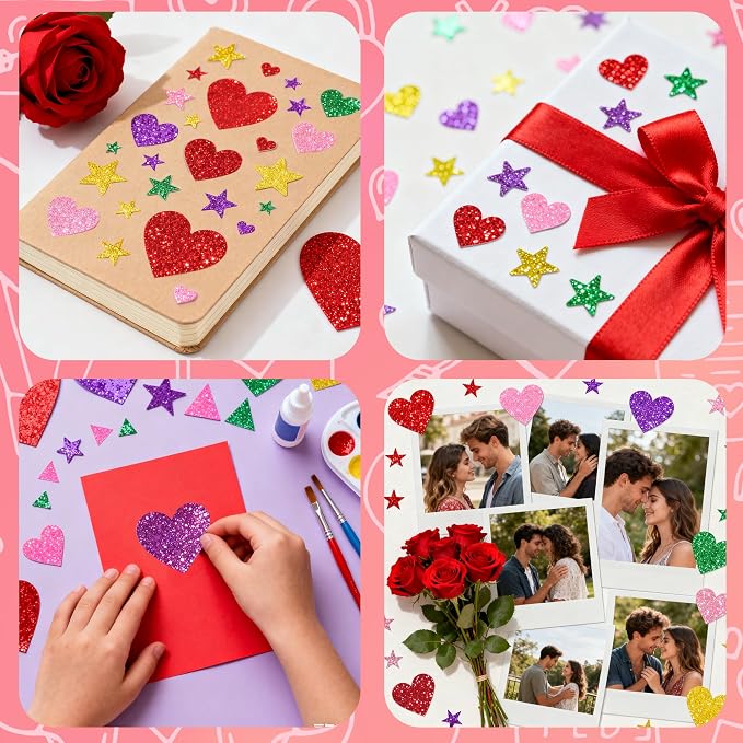Back to School Supplies - 280 PCS Glitter Foam Reward Stickers for Kids | Self Adhesive Stars Mini Heart Shapes Stickers for Teachers Students Classroom - Arts Craft Scrapbook Supplies Party Favors