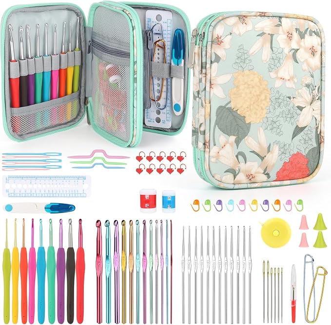 Katech 85 pcs Crochet Hooks Kit Knitting Accessories with Crochet Case, Small Sizes Crochet Hooks for Knitting Lace Yarn, Colorful Ergonomic Crochet Needles Set for Making Sweater, Bag and Hat (Green) | 85 Pcs Metal Crochet Hook Kit and Complete Croche...