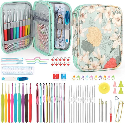Katech 85 pcs Crochet Hooks Kit Knitting Accessories with Crochet Case, Small Sizes Crochet Hooks for Knitting Lace Yarn, Colorful Ergonomic Crochet Needles Set for Making Sweater, Bag and Hat (Green) | 85 Pcs Metal Crochet Hook Kit and Complete Croche...