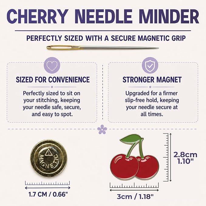The Quilted Bear Magnetic Needle Minder, Cherries | Enamel Needle Keeper for Embroidery & Cross Stitch, Secure Holder for Sewing Needles & Pins, Strong Magnet, Sewing Accessory