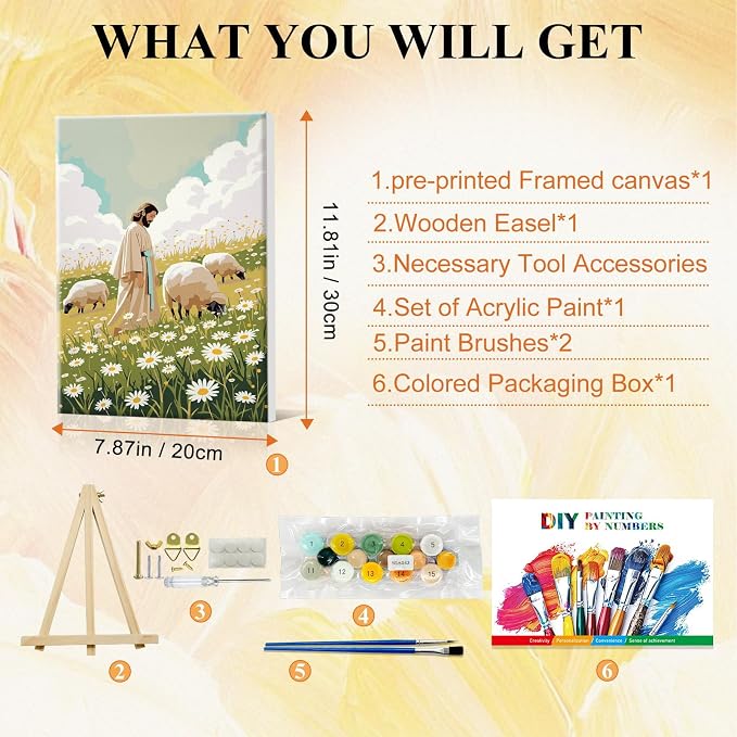 SparkGlow Jesus Framed Paint by Numbers Kit for Adults, 8×12 Inch | The Good Shepherd Number Painting, Include Easel, Premium Canvas, Painting by Number for Gift, Home Decoration