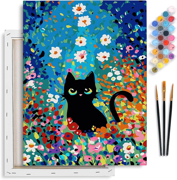 Fountor 12” W x 16”L Framed Paint by Numbers Kit for Adults Beginner, Black Cat Adult Paint by Number Kits on Canvas, Cat Flowers Acrylic Painting by Numbers for Home Decor Gift