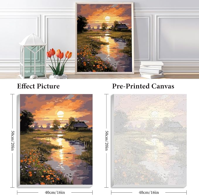 Framed Paint by Numbers Kit for Adults 16x20 Inch, Countryside Sunset | DIY Acrylic Painting by Numbers Riverside Cabin, With Frame Canvas, Stress Relief Craft Kits, For Home Decor Gift