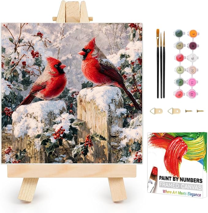 AUKELHJ Framed Paint by Numbers Kit for Adults, Cardinal, 10x10 inch
