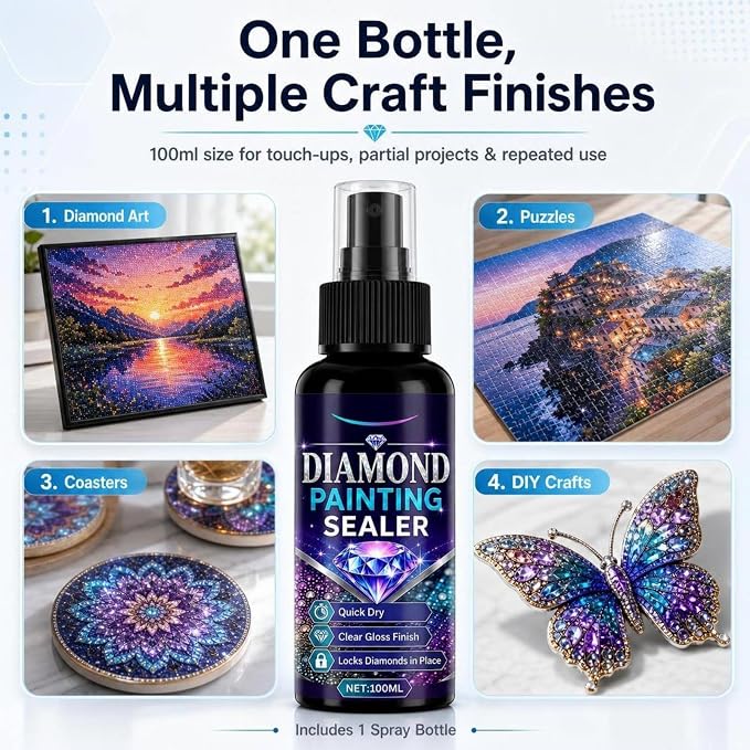 Diamond Art Sealer Spray Accessories 100ml, 30 Minutes Fast Drying, Secure Diamond Fixing & High Gloss Finish, Diamond Art Tools & Accessories, Simple Spray Application, No Brush Required (1 Pack)