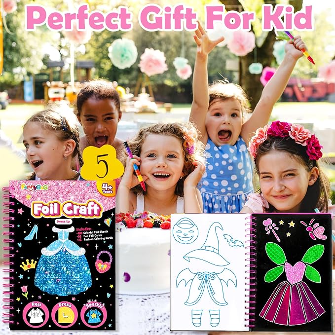 FUNNYB&G Foil Art Craft Kit for Kids, Sparkly Birthday Gift Toy for Girls | No Mess, Kids Ages 4-10 Create Sparkling Artwork, A Creative Gift for Birthdays, Holidays, Travel Activities,Screen-Free Fun