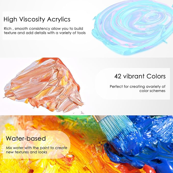 Caliart 42 Colors Acrylic Paint Set with 12 Brushes | Craft Painting kit for Adults Artists Beginners, Rich Pigment Non-toxic, Canvas Wood Rock Pumpkin Ceramic Art Supplies Paint