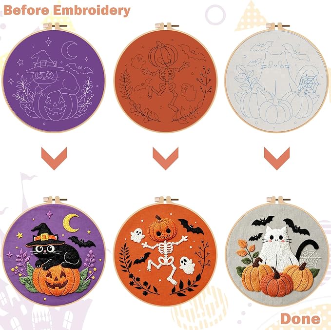 Nuberlic 3 Pack Halloween Embroidery Kit for Beginners