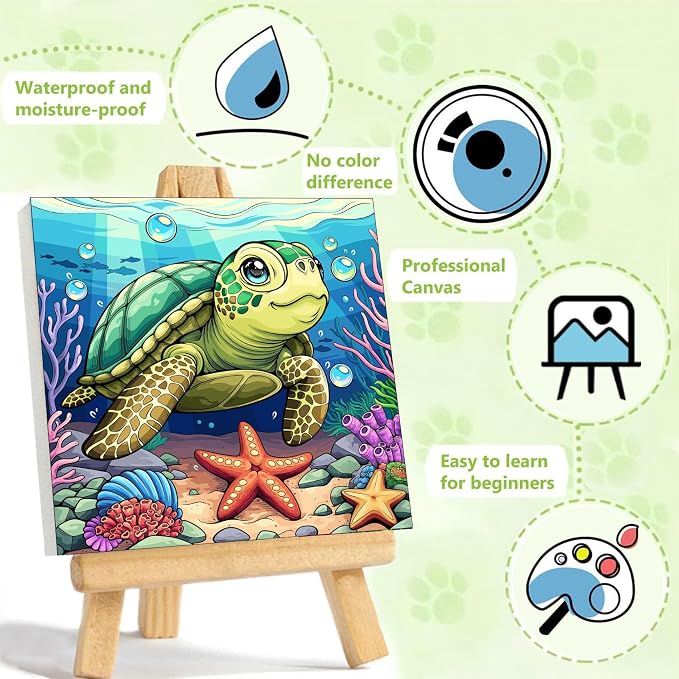 ajepon Sea Turtle Paint by Numbers Kit for Kids with Frame - Cute Tortoise Paint by Number for Kids, Kid Painting by Number Kits Age 8-12 for Home Wall Decor 8X8inch (with Wooden Easel)