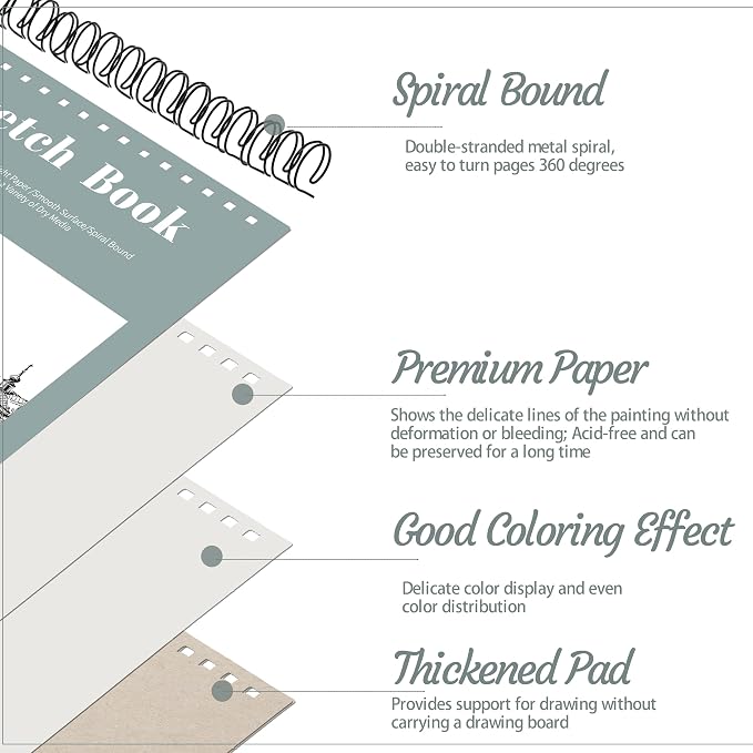 12 Pack Sketch Books 9 × 12 in, Top Spiral, 30 Sheets, Acid Free Paper | 100gsm Paper, Hardcover with Rigid Backboard, Lay-Flat Top Spiral, for Pencil, Charcoal, Ink & Sketching
