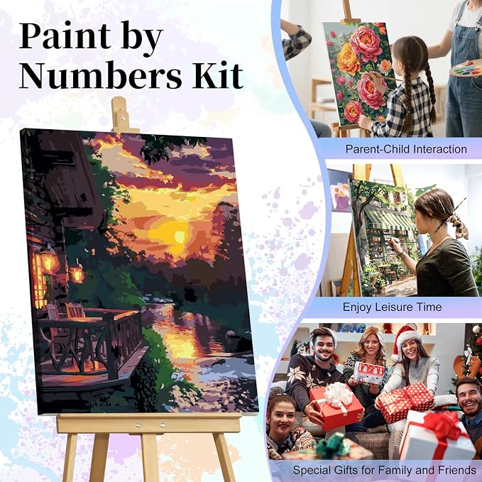 Paint by Numbers Kit for Adults, Sunset Cabin Number Painting Canvas Kit | DIY Acrylic Lake Painting Set for Beginners, Stress Relief Relaxing Craft, Home Wall Decor, Gift for Adults, 16x20 Inch