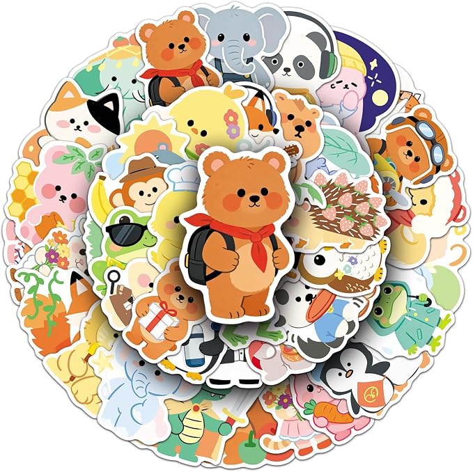 50Pcs Transparent Cute Cartoon Animal Stickers,Patterns, for Journal & Water Bottle Decoration(Cute Cartoon Animal)