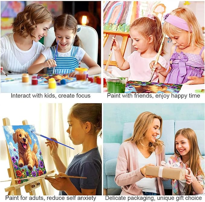 Dog Paint by Numbers Kit for Kids with Frame - Cute Dog Paint by Number for Kids, Kid Painting by Number Kits Age 8-12 for Home Wall Decor 8X8inch (with Wooden Easel)