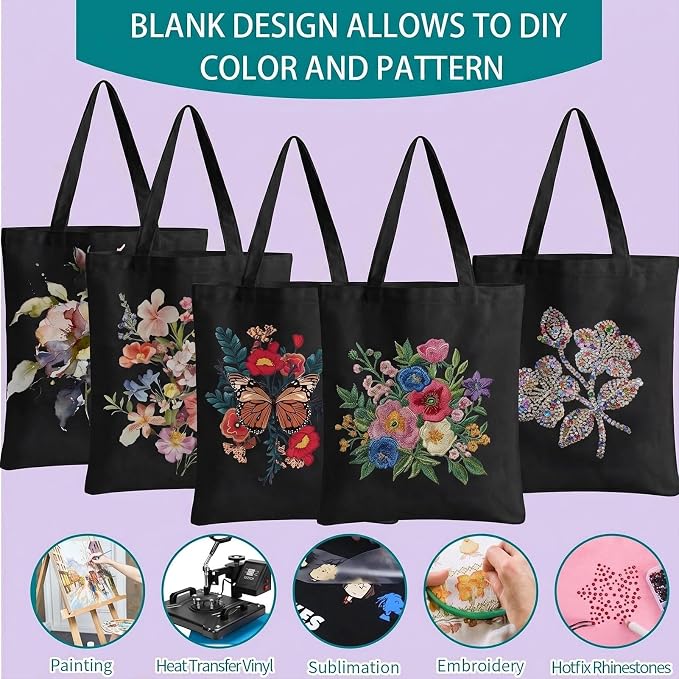 60-Pack Sublimation Blanks Tote Bags, Black Canvas Bags for DIY Gifts | Reusable grocery shopping totes, heat transfer & HTV ready, personalized gifts for women, men, advertising, Party Shopping