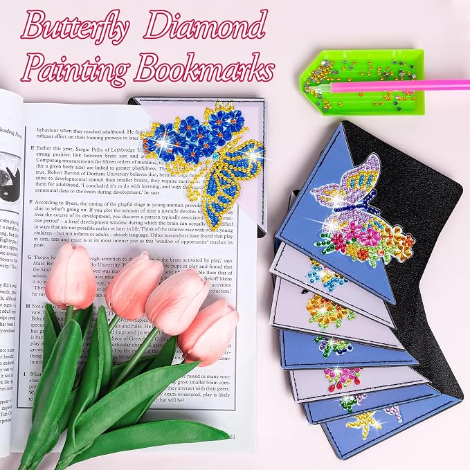 WIVICO 8Pcs Diamond Painting Bookmarks, Diamond Pearl Art Kits for Adults | DIY Bookmark,Diamond Dots Paint By Numbers Kit,Gifts for Book Lovers(Butterfly)