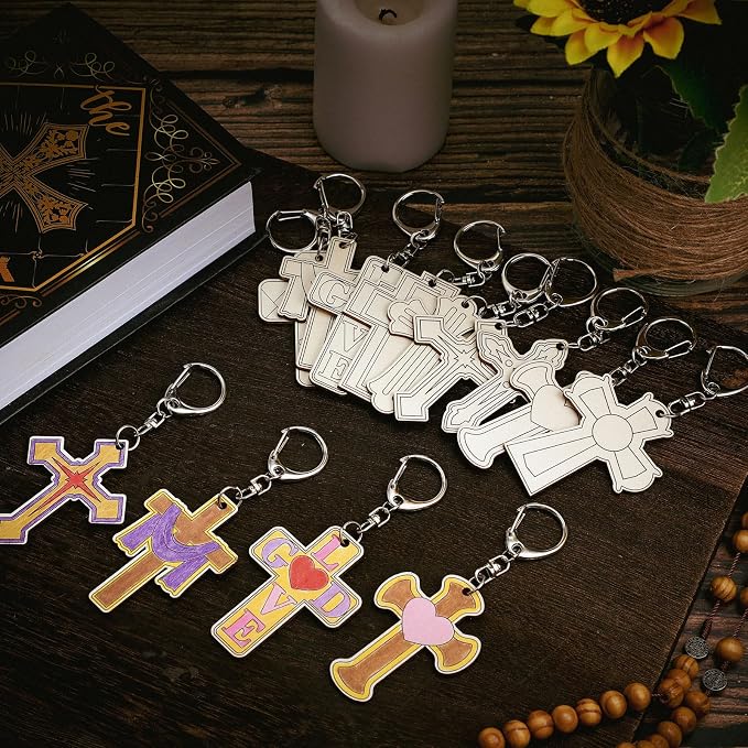 Trnayi 36 Pcs Religious Cross Wood Keychain Color Your Own DIY Craft | Religious Cross Wooden Keychain, Color Your Own Unfinished Craft, Blank Wood Painting DIY Craft, for Easter Art Project