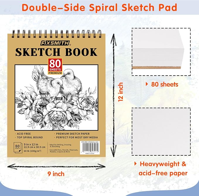 FIXSMITH 9"X12" Sketch Book, 100 Sheets, 68 lb/100gsm Sketchbook, 2 Pack | Acid Free Drawing Paper | Top Bound Artist Sketch Pad | for Kids, Beginners, Artists & Professionals | Bright White