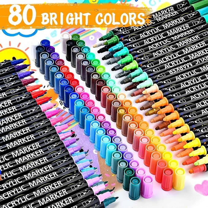 80 Colors Acrylic Paint Markers Set, Dual Tip Acrylic Paint Pens, Fine Tip and Dot Tip Colored Markers Pens for Rock, Stone, Glass, Fabric, Canvas, Christmas Gifts for Teens, Art Painting Supplies Kit