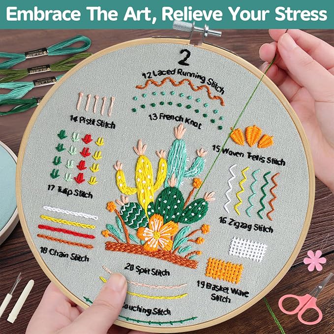 Meyocky Embroidery Kit for Beginners to Learn 31 Basic Stitches, HD Videos | 4-Piece Beginner Embroidery Kit for Adults, Starter Practice, Pre-Printed Patterns, Step-by-Step Guide, Craft Lover Gift