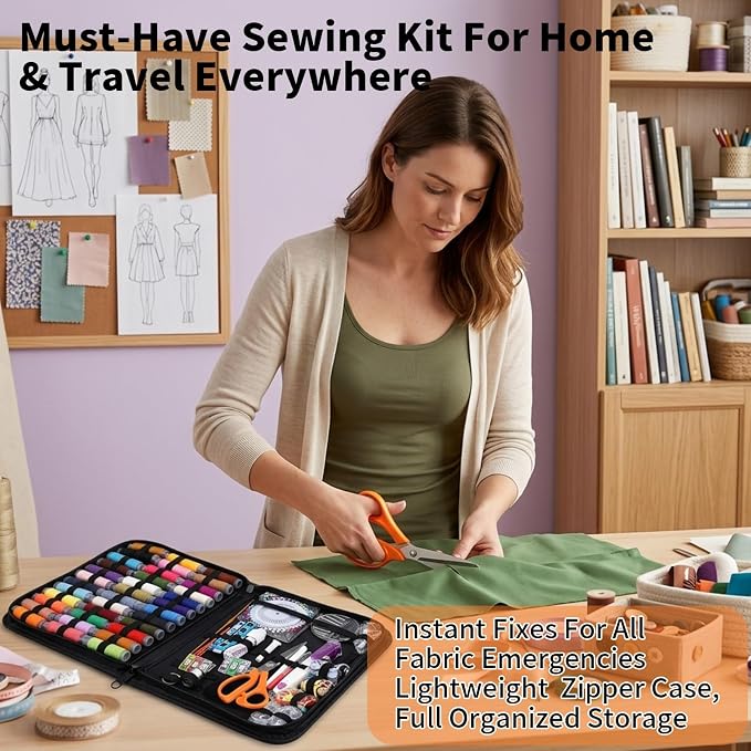 GABTRUK 304PCS Adult Sewing Kit, 43 Colors Thread & Ergonomic Scissors, Portable PU Leather Mending Supplies for Travel Home Beginners